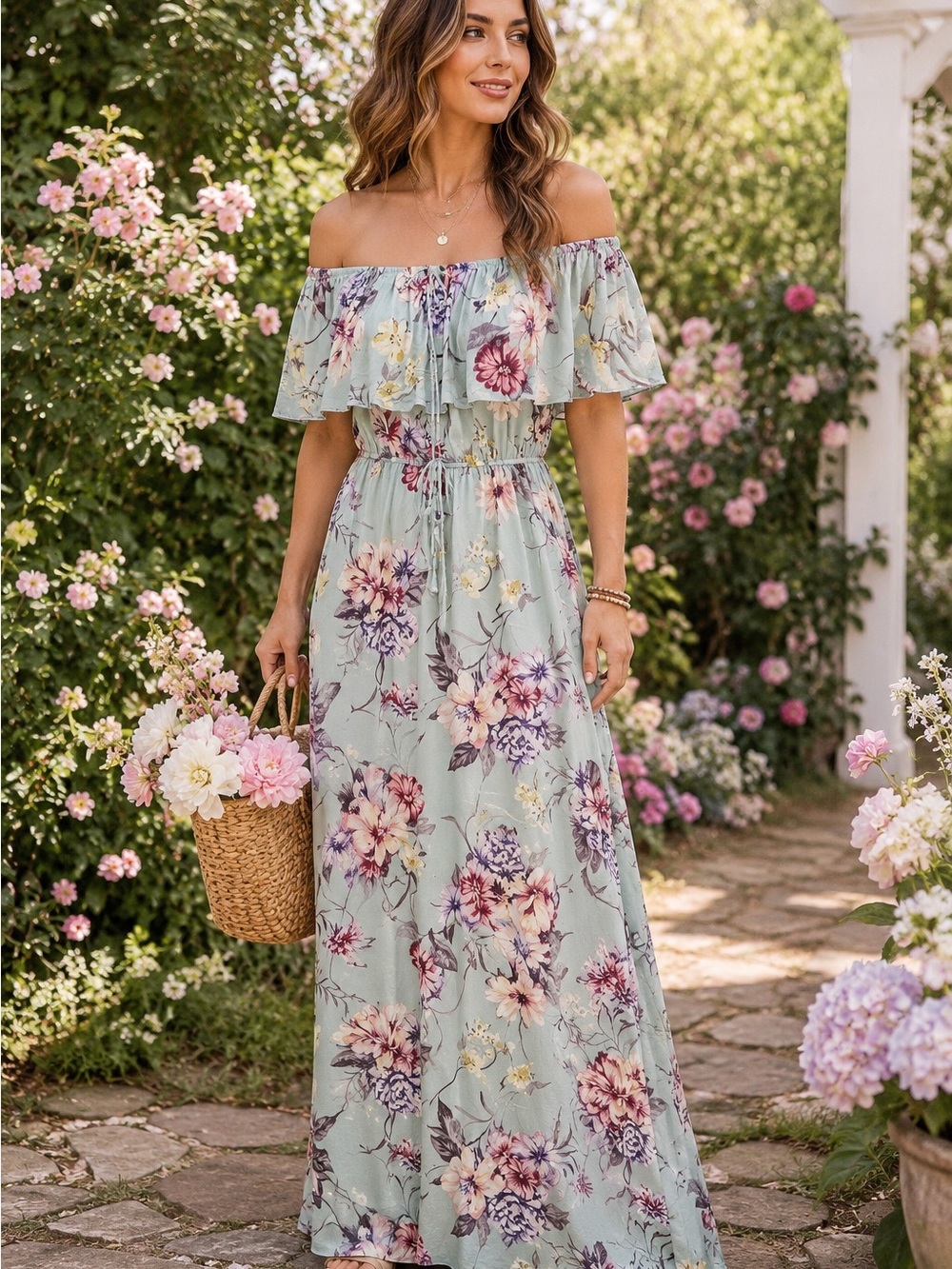 🌸 Iris Floral Off Shoulder Maxi Dress Boho Cottagecore Sage Blue Size Large NWOT